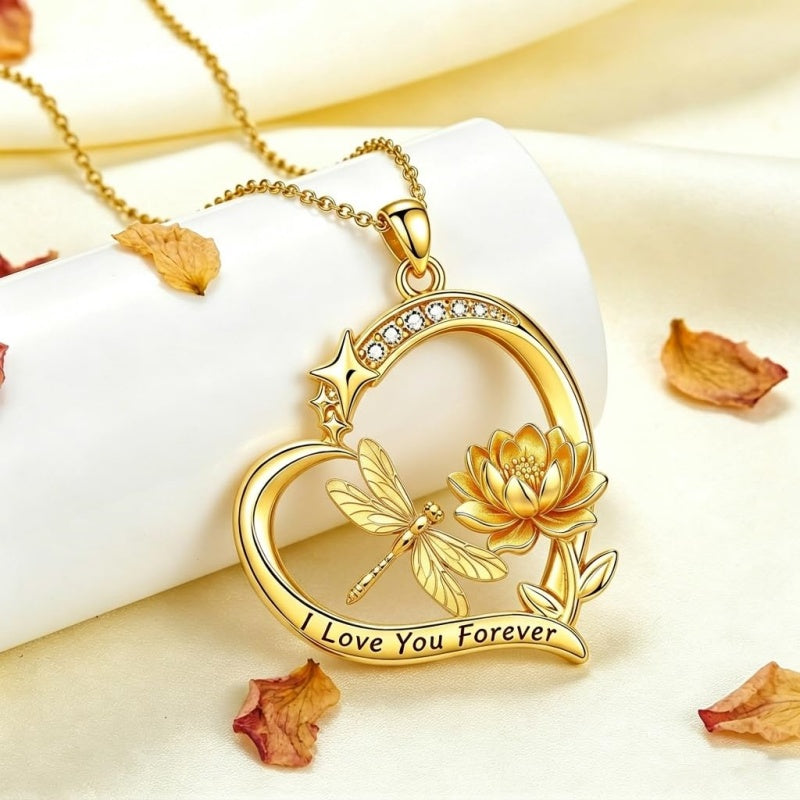 10K 14K 18K  Gold Cubic Zirconia Heart Shaped Bee Butterfly Dragonfly  Necklace Engraved with  I Love Your Forever