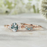 Sterling Silver 2CT Moss Agate  Engagement Wedding Ring Sets for Women