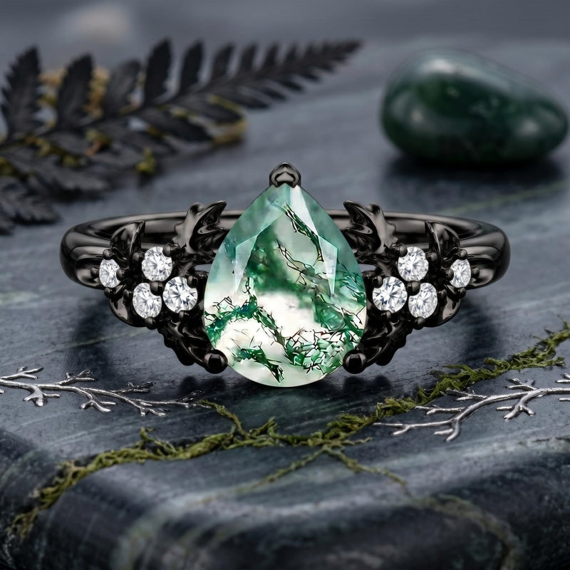 Sterling Silver 10K 14K 18K Gold 1-4CT Moss Agate Engagement Ring Promise Ring