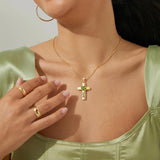 14K Gold Plated Heart Birthstone Cross Necklace for Women Engraved with Faith