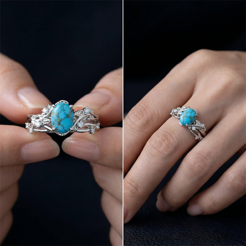 Sterling Silver Personalized Engraved 1-3CT Turquoise Engagement  Wedding Promise Ring Set for Her