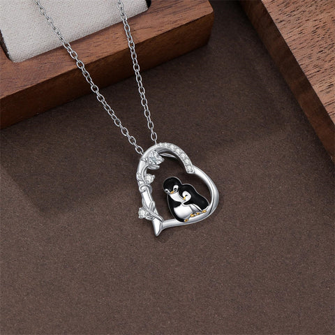 Sterling Silver Cubic Zircon Mother Daughter Mama Bear Giraffe Elephants Otters Penguins Heart Pendant Necklace