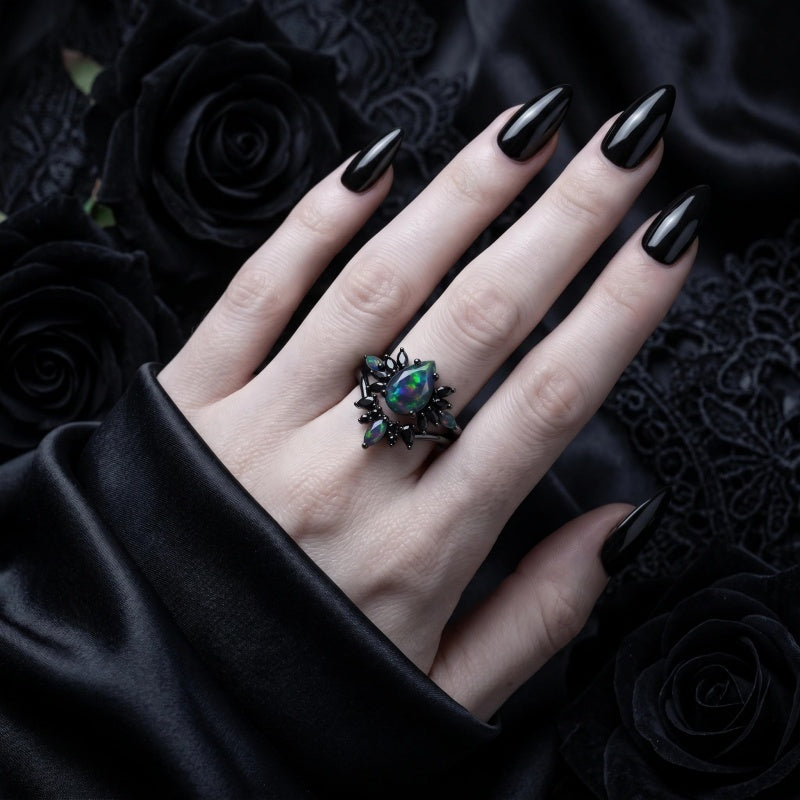 Sterling Silver 10K  14K  18K  Gold Personalized Engraved Black Opal Engagement Wedding Promise Ring for Her