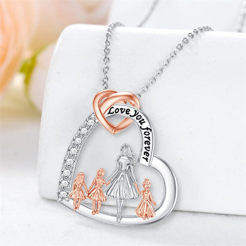 Sterling Silver Mother and 2/3/4 Daughter Heart Pendant Necklace Engraved with Love You Forever