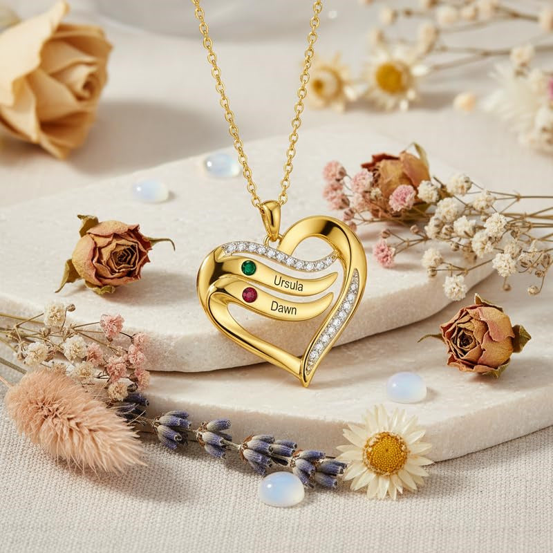 10K 14K 18K Gold  Personalized 1-4 Birthstones Engraved Heart Necklace for Women