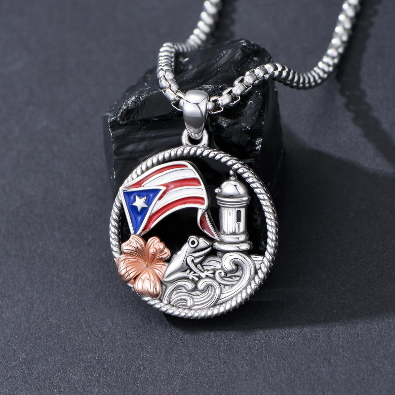 Sterling Silver Frog Flag Puerto Rico Pendant Necklace