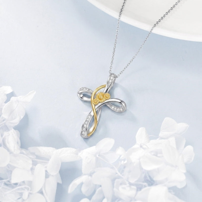 Sterling Silver Daisy Rose Plumeria Lotus Sunflower Cross Pendant Necklace for Women