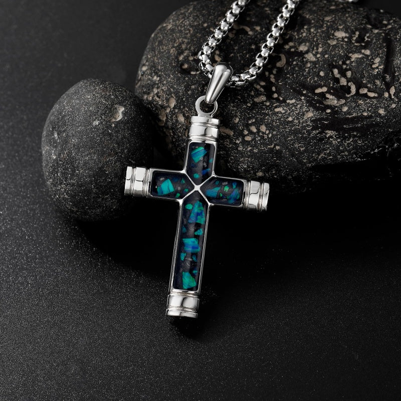 14K Gold Plated Wooden Abalone Shell Cross Pendant Necklacefor Men