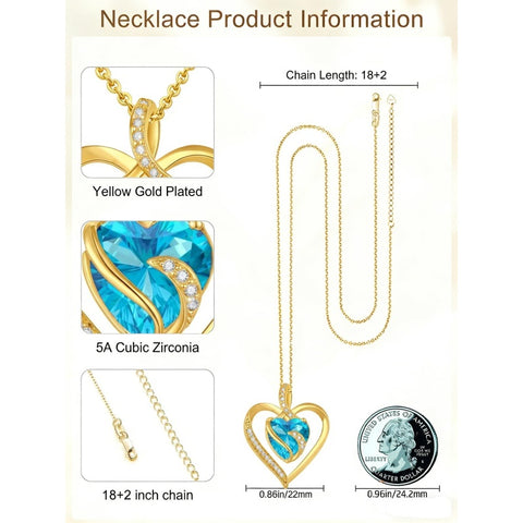 14K Gold Plated  12 Months Heart Birthstone Pendant Necklace Birthday Wedding Anniversary Jewelry Gifts for Women