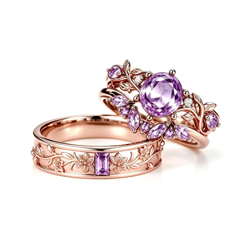 Sterling Silver 10K 14K 18K Gold Purple Gemstone Amethyst  Rings Set Couple Promise Rings Wedding Anniversary Rings