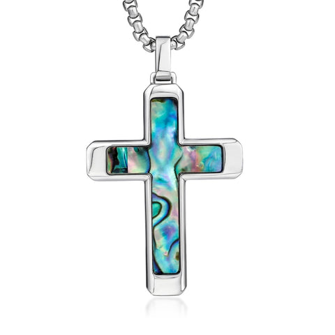 14K Gold Plated Wooden Abalone Shell Cross Pendant Necklacefor Men