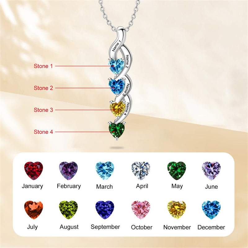 10K 14K 18K Gold Personalized 1-6 Simulated Birthstones Mother's Name Heart Pendant Necklace