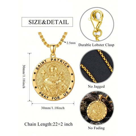 14K Gold Plated Saint Medal Christian  Pendant Necklace for Men