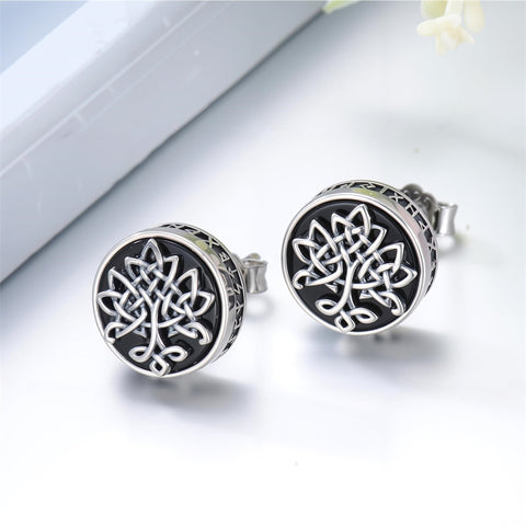Sterling Silver Black Onyx Tree of Life Ankh Cross Skull Valknu Viking Stud Earrings