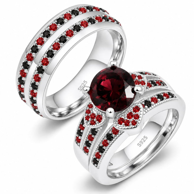 Sterling Silver 10K 14K 18K Gold Personalized Engraved  Halloween Dark Red Gemstone Couple Ring Set