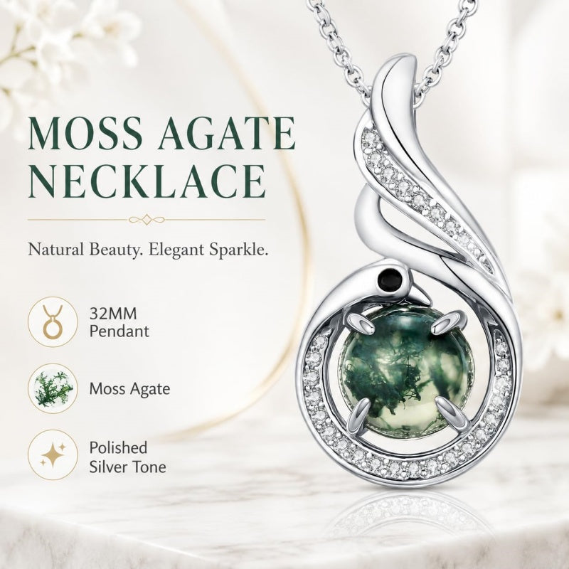 14K Gold Plated Moss Agate Pendant Necklace Boho Jewelry for Women
