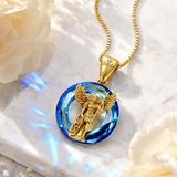 14K Gold Plated Blue Crystal Saint Protection Pendant Necklace Amulet Baptism Gift