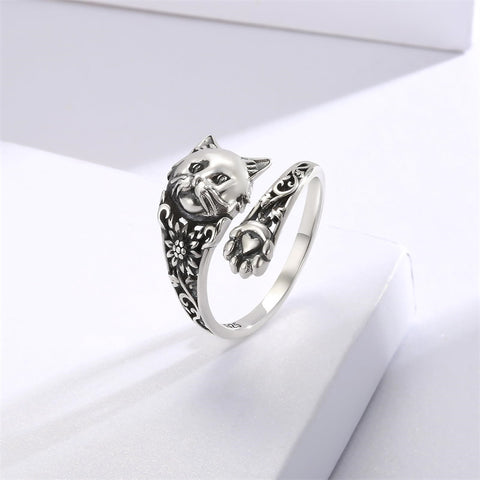 Sterling Silver Cat Adjustable Spoon Ring for Women