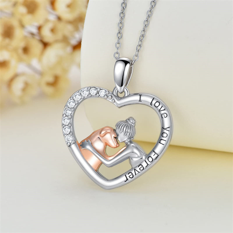 Sterling Silver  Dog and Women Pendant Necklace Engraved with I Love You Forever