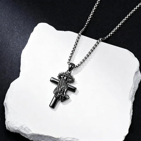 Sterling Silver Praying Hands Angel Sword Wing Cross Pendant Necklace Religious Gifts for Men
