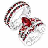 Sterling Silver 10K 14K 18K Gold Personalized Engraved  Halloween Dark Red Gemstone Couple Ring Set