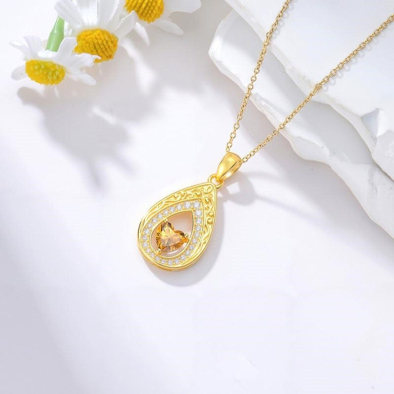 Vintage Teardrop Birthstone 14K Yellow Gold Plated Pendant Necklace for Women