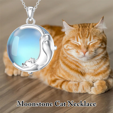 Sterling Silver Moonstone Cat Pendant Necklace