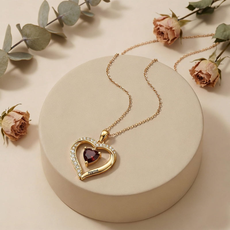 14K Gold Plated Personalized 1-5 Heart Birthstone Names Necklace  for Women