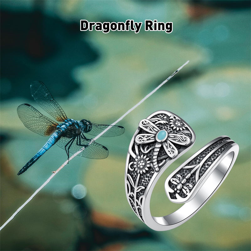 Sterling Silver Dragonfly Jesus Fish Adjustable Spoon Ring for Women