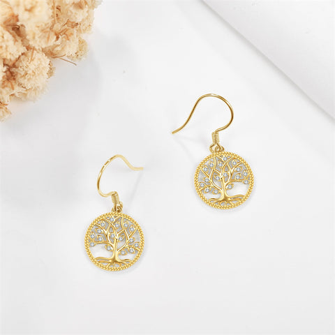 14K Yellow Gold Tree Of Life Dangle Earrings