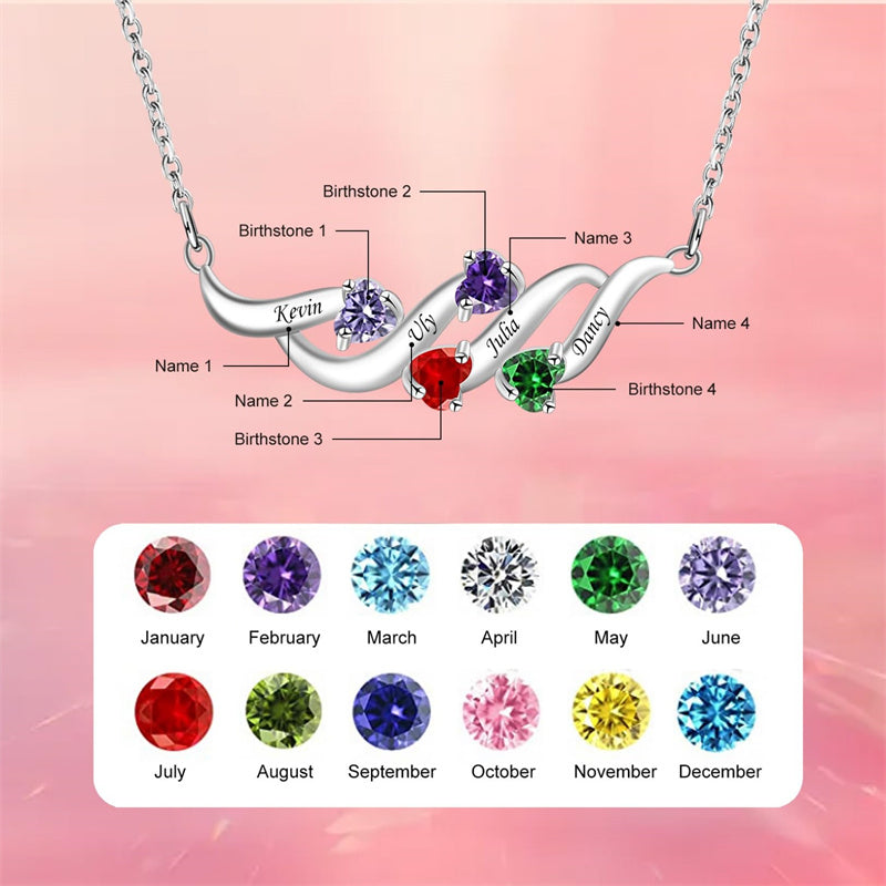 Sterling Silver Personalized Birthstone Name Wave Pendant Family Necklace
