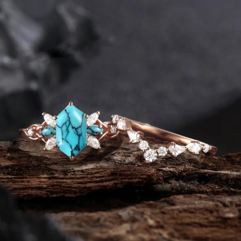 Sterling Silver 10K 14K 18K Gold Turquoise Engagement  Wedding Ring Set for Women