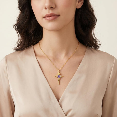 14K Gold Plated Birthstone Rose Cross Necklace for Women Faith Jewelry Gift