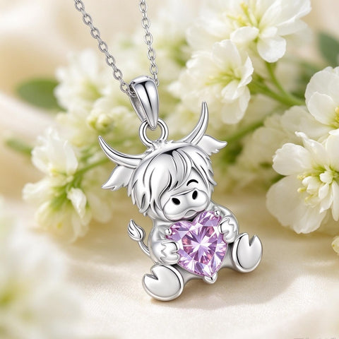Sterling Silver Birthstone Highland Cow Pendant Necklace Birthday Christmas Gift