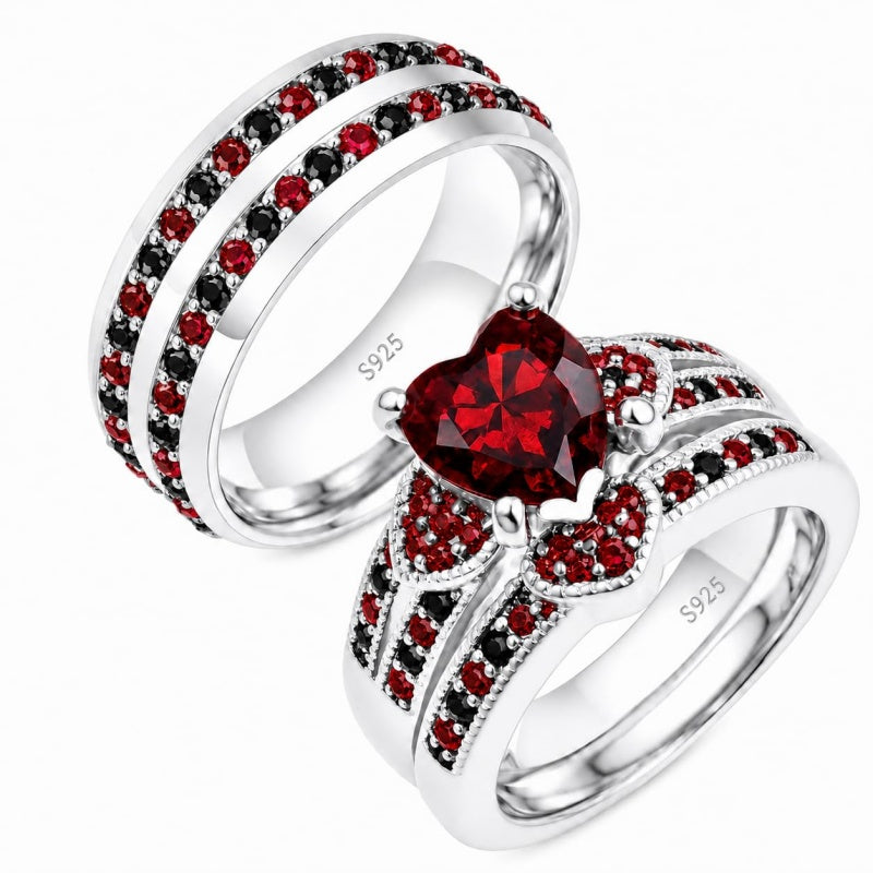 Sterling Silver 10K 14K 18K Gold Personalized Engraved  Halloween Dark Red Gemstone Couple Ring Set