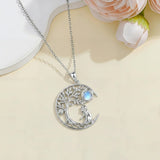 Sterling Silver Moonstone Tree of Life Wolf Cat Fox Rabbit Monkey Pendant Necklace Gift for  Birthday Christmas