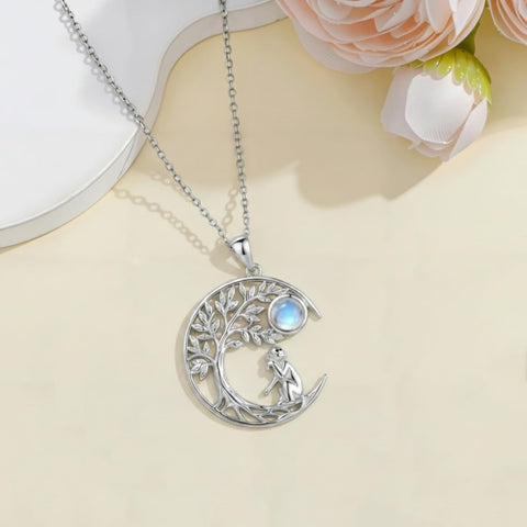 Sterling Silver Moonstone Tree of Life Wolf Cat Fox Rabbit Monkey Pendant Necklace Gift for  Birthday Christmas