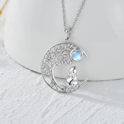 Sterling Silver Moonstone Tree of Life Wolf Cat Fox Rabbit Monkey Pendant Necklace Gift for  Birthday Christmas