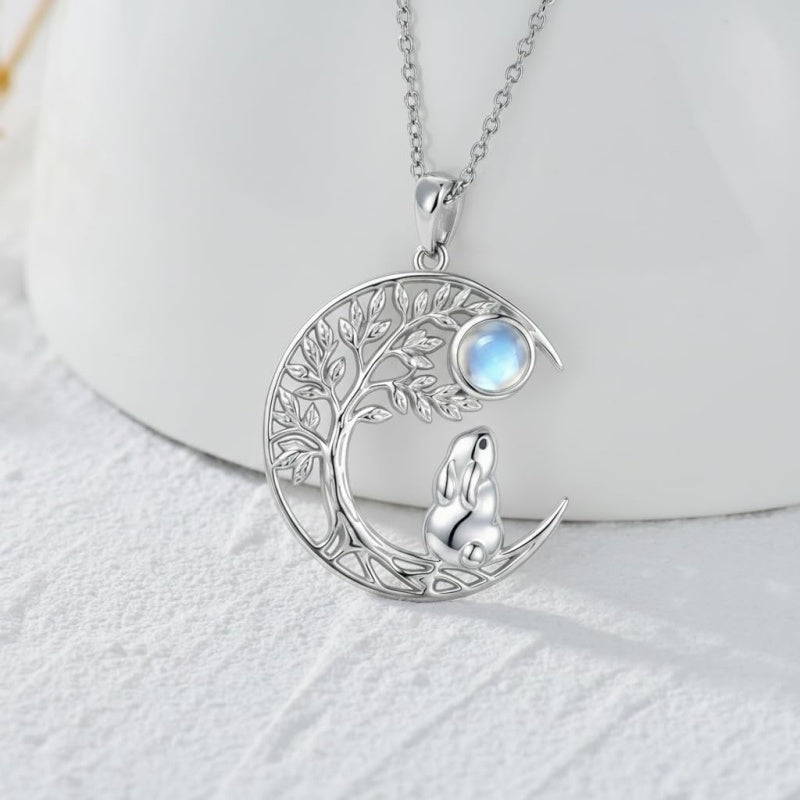Sterling Silver Moonstone Tree of Life Wolf Cat Fox Rabbit Monkey Pendant Necklace Gift for  Birthday Christmas