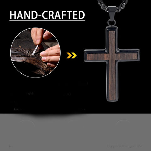 14K Gold Plated Wooden Cross Necklace for Men with Stainless Steel Adjustable Chain