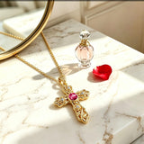 14K Gold Plated Round Cubic Zirconia Filigree Rose Cross Necklace for Women