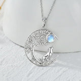 Sterling Silver Moonstone Tree of Life Wolf Cat Fox Rabbit Monkey Pendant Necklace Gift for  Birthday Christmas