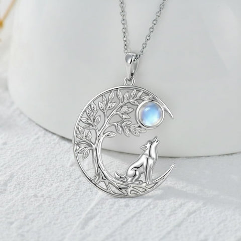Sterling Silver Moonstone Tree of Life Wolf Cat Fox Rabbit Monkey Pendant Necklace Gift for  Birthday Christmas