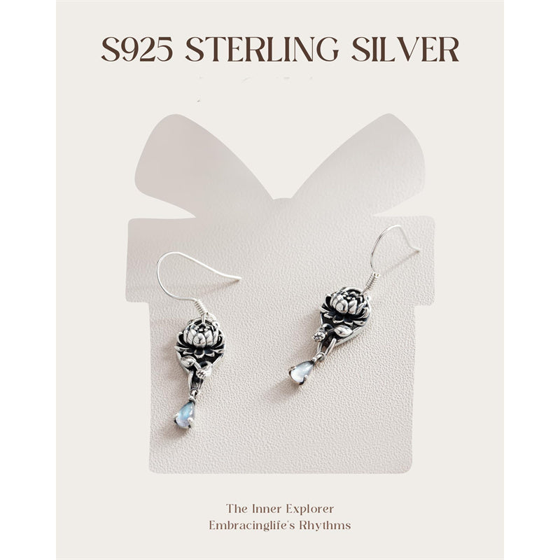 Sterling Silver Vintage Moonstone Turquoise Lotus Tree of Life Hummingbird Butterfly Drop Earrings