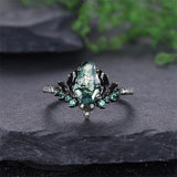 Sterling Silver 10K 14K 18K Gold Natural Leaf  Moss Agate Engagement Anniversary Couple Ring Sets