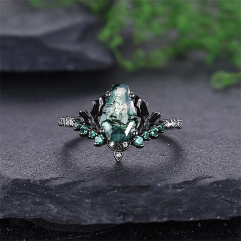 Sterling Silver 10K 14K 18K Gold Natural Leaf  Moss Agate Engagement Anniversary Couple Ring Sets