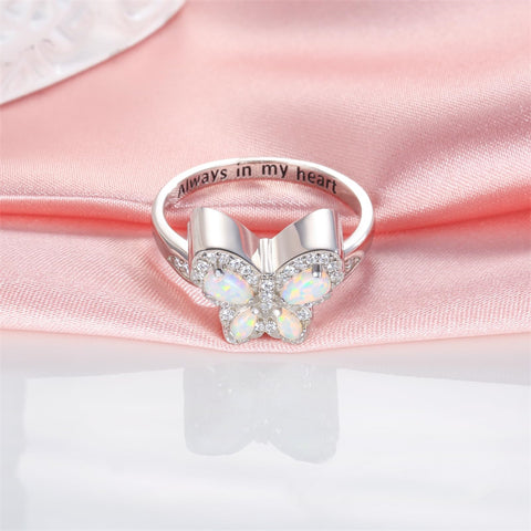 Sterling Silver Opal Butterfly Urn Rings for Ashes With Engraved with Always in My Heart