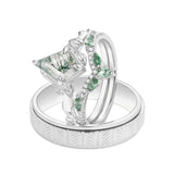 Sterling Silver10K 14K 18K Gold Natural Moss Agate Branch Leafy Engagement Ring Set For Couples
