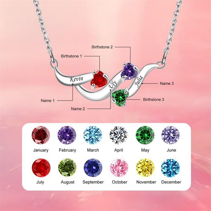 Sterling Silver Personalized Birthstone Name Wave Pendant Family Necklace