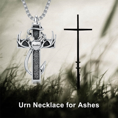 Sterling Silver Deer Antler Fish Hook & Cross Urn Necklace for Ashes